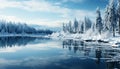 Winter landscape blue sky, snowy forest, tranquil reflection in icy water generated by AI Royalty Free Stock Photo