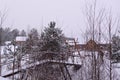 Hunting estate in the winter forest. winter landscape with bridge, trees and wooden house