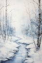 Winter landscape. Brook flowing through snowy birch forest. Watercolor painting Royalty Free Stock Photo