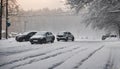 Winter landscape. Cars parking in the snow. Day after freezing .