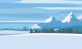 Winter landscape, cartoon minimal style. Horizon, panorama, snow-covered trees, village, mountains, ate, pine. Vector