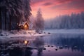 Winter landscape with a chalet by the lake, surrounded by frost covered trees under a pink sunset sky