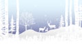 Winter landscape Christmas card. Deer, fawn, doe in snow, forest and hills, birch, bracken . Magical misty nature, wildlife. Royalty Free Stock Photo