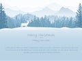 Winter landscape Christmas card. Deer in snow, forest and mountains in the background. Magical misty nature, wildlife. Royalty Free Stock Photo