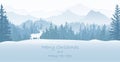 Winter landscape Christmas card. Deer in snow, forest and mountains in the background. Magical misty nature, wildlife. Royalty Free Stock Photo