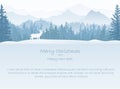 Winter landscape Christmas card. Deer in snow, forest and mountains in the background. Magical misty nature, wildlife. Merry Chr Royalty Free Stock Photo