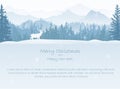 Winter landscape Christmas card. Deer in snow, forest and mountains in the background. Magical misty nature, wildlife. Royalty Free Stock Photo