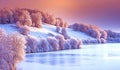 winter landscape . christmas landscape and sunset on river Royalty Free Stock Photo