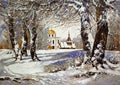 Winter landscape with church