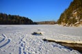 Winter landscape on a clear sunny day. Thaws on the river.