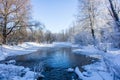 Winter landscape in clear weather. Morning bright sun. Snow plays shine. Frosty Snow Park Royalty Free Stock Photo