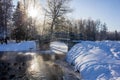 Winter landscape in clear weather. Morning bright sun. Snow plays shine. Frosty Snow Park Royalty Free Stock Photo