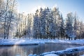 Winter landscape in clear weather. Morning bright sun. Snow plays shine. Frosty Snow Park Royalty Free Stock Photo