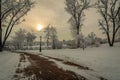 Winter landscape. a pedestrian road with trees and a street lamp near the river`s coast in a snow-covered city park in cloudy wea Royalty Free Stock Photo