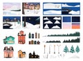 Winter landscape constructor set. City and forest landscape components Royalty Free Stock Photo