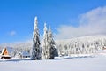 winter landscape with a cottage near pine trees covered with snow