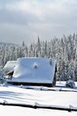 winter landscape with a cottage near pine trees covered with snow