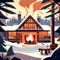 Winter landscape with cozy chalet and fireplace. Vector illustration. generative AI