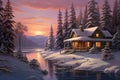 Winter landscape with a cozy wooden cabin among snow covered pine trees and a serene frozen lake under a vibrant sunset sky