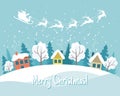 Winter landscape with cute houses, Santa on his sleigh with reindeers and the night sky. Merry Christmas greeting card template. Royalty Free Stock Photo