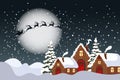 Winter landscape with cute houses, Santa on his sleigh with reindeers and the night sky. Merry Christmas greeting card template. Royalty Free Stock Photo