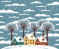 Winter landscape with cute houses and snowy trees Royalty Free Stock Photo