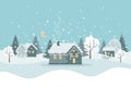 Winter landscape with cute houses, trees and night sky with moon, Christmas greeting card template. Illustration in flat style Royalty Free Stock Photo