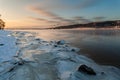 Winter landscape, dawn over the river