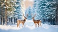 Winter landscape with deers,snow and fir tree. Generative AI Royalty Free Stock Photo