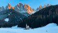 Winter landscape Dolomites Alps Santa Maddalena village Val di Funes valley South Tyrol Italy. Royalty Free Stock Photo