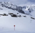 Winter landscape with empty red piste sign, snow covered mountain slopes, spring sunny day at ski resort Stubai