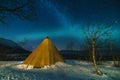 Winter Landscape with Eskimo Tent and Northern Lights.