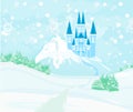 Winter landscape with fairytale castle on the hill Royalty Free Stock Photo