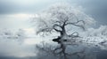 A winter landscape featuring an old tree surrounded by snow and ice, near a tranquil river Royalty Free Stock Photo