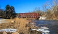 Red bridge spanning the Housatonic River