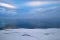 Winter landscape with figured blocks of snow, water and beautiful clouds