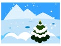 Winter landscape, fir tree, frozen river, footprints in the snow. Banner cover baner poster. Minimal trendy style vector