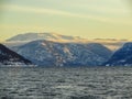 Winter landscape fjord sunrise sunset, Norway. Ferry Vangsnes to Balestrand Royalty Free Stock Photo