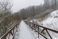 Winter landscape with a footbridge at the bottom of the ravine