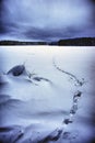 Winter landscape with footprint path through the snow.