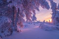 Winter landscape with forest, cloudy sky and sun Royalty Free Stock Photo