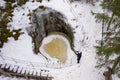 Winter landscape in the forest, drone. Glacial potholes in Askol, Finland. Women in the forest.