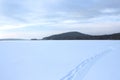 Winter landscape, forest in the hills in the background. A snowy path that goes into the distance to infinity. White silence and