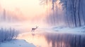 Winter landscape with forest and river in fog in the morning during sunrise, deer crossing the river Royalty Free Stock Photo