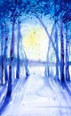 Winter landscape of forest and snowy field. Hand drawn watercolor illustration