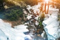 Winter landscape with forest stream. Snowy nature Royalty Free Stock Photo