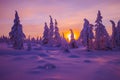 Winter landscape with forest and sunset. Christmas winter background with snow and trees Royalty Free Stock Photo