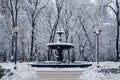 Winter landscape, fountain in the park.Kyiv, Mariinsky Park