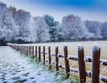 Winter landscape, frozen fields and meadow, frost on a wooden fence, snow