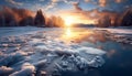 Winter landscape frozen forest, tranquil pond, icy reflection, serene sunset generated by AI Royalty Free Stock Photo